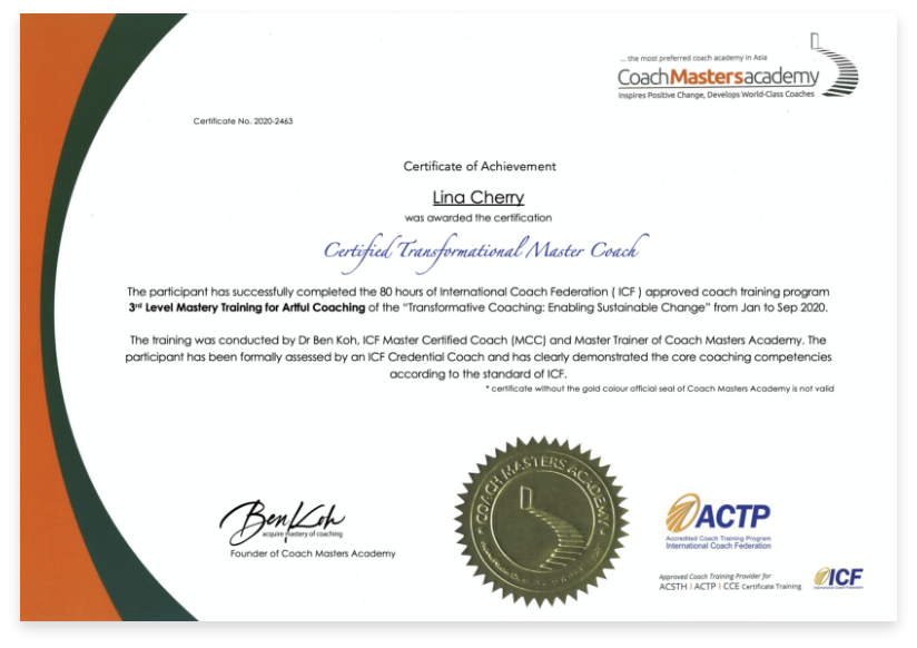 Lina Cherry - Certified Transformational Master Coach Certificate copy@2x